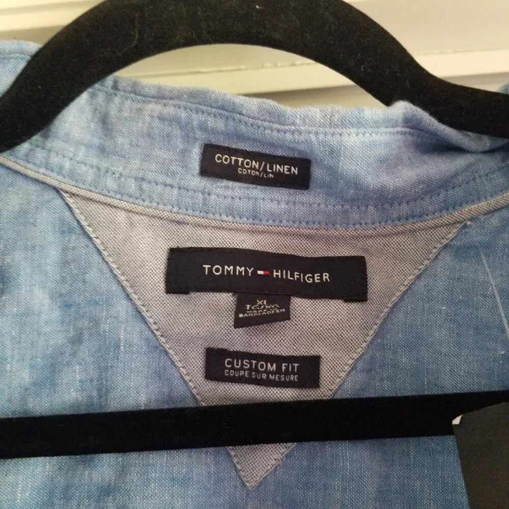 Tommy Hilfiger Men's Shirt X-Large Blue Linen Cotton Custom Fit Button Down Logo - Picture 3 of 4